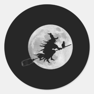 Flying Witch On Broomstick Halloween Full Moon Classic Round Sticker