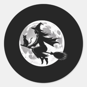 Flying Witch On Broomstick Halloween Full Moon Classic Round Sticker