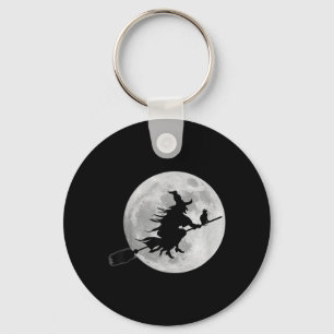 Flying Witch On Broomstick Halloween Full Moon Key Ring