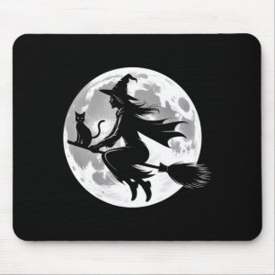 Flying Witch On Broomstick Halloween Full Moon Mouse Pad