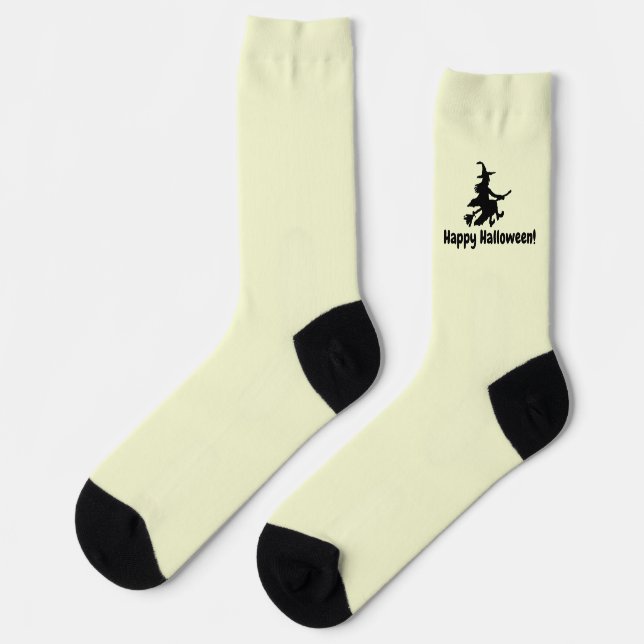 Flying Witch on Yellow - Happy Halloween -  Socks (Left)