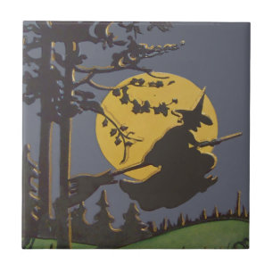 Flying Witch Silhouette Full Moon Ceramic Tile