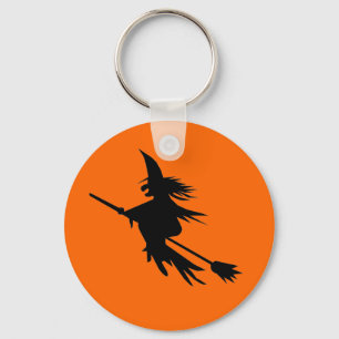Flying Witch Silhouette Halloween Orange Black Key Ring