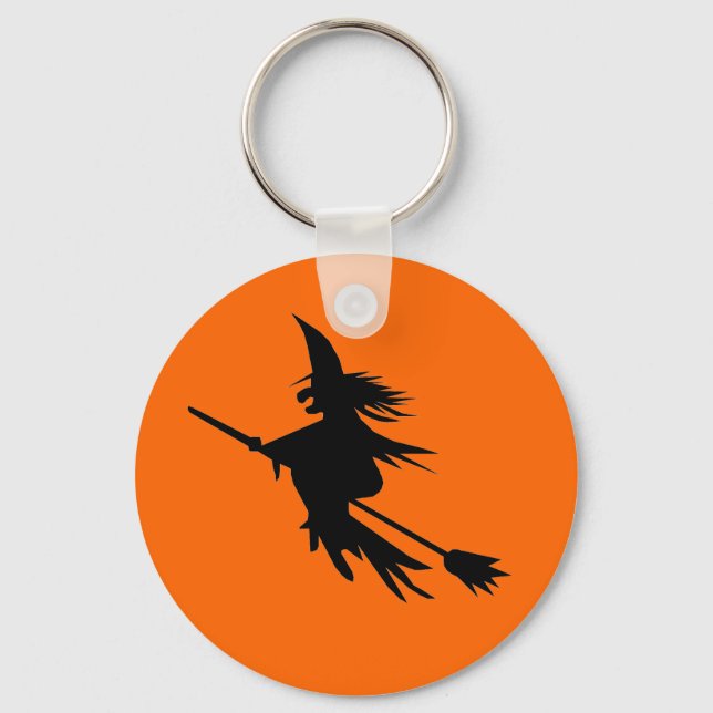 Flying Witch Silhouette | Halloween Orange Black Key Ring (Front)