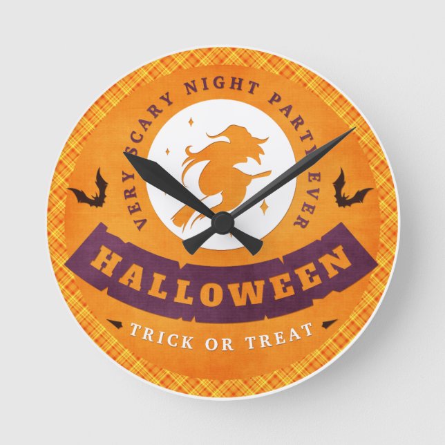 Flying Witch Very Scary Halloween Round Clock (Front)