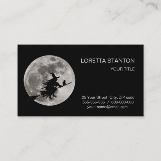 Flying witch with a bright moon behind her business card