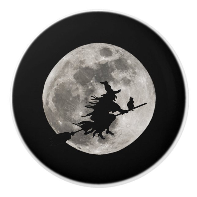 Flying witch with a bright moon behind her ceramic knob (Front)
