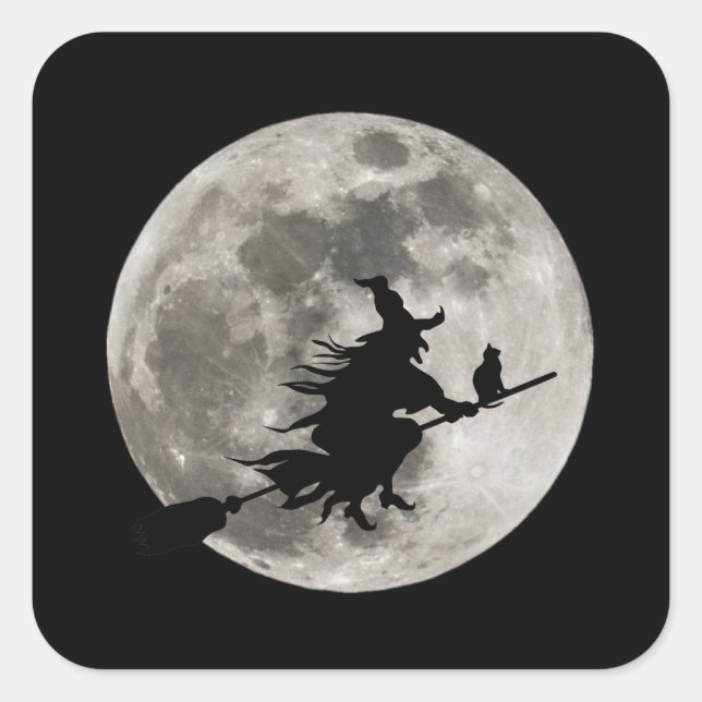 Flying witch with a bright moon behind her square sticker (Front)