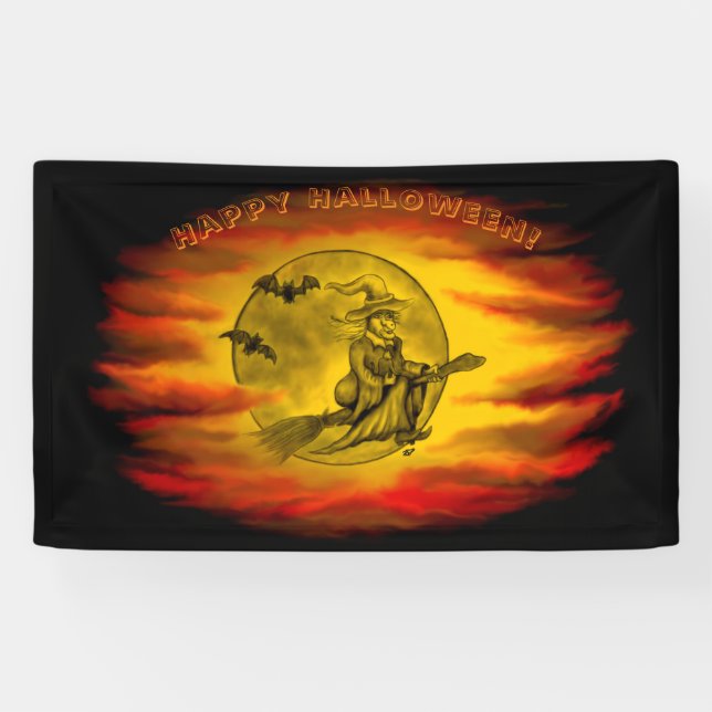 Flying witch with black cat , halloween night banner (Horizontal)