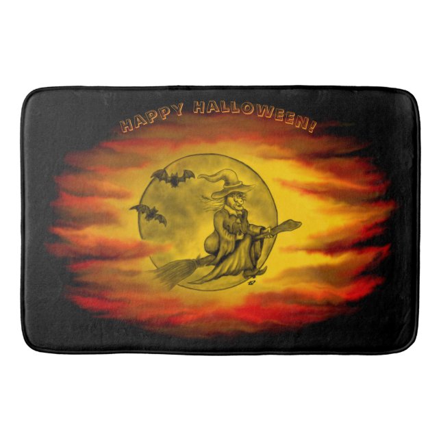 Flying witch with black cat , halloween night bath mat (Front)