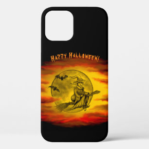 Flying witch with black cat , halloween night iPhone 12 case
