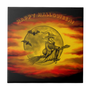 Flying witch with black cat , halloween night ceramic tile