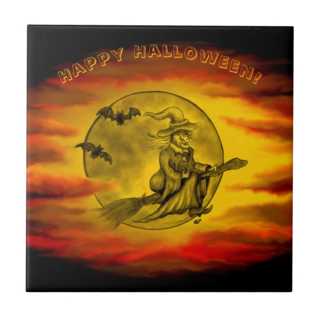 Flying witch with black cat , halloween night ceramic tile (Front)