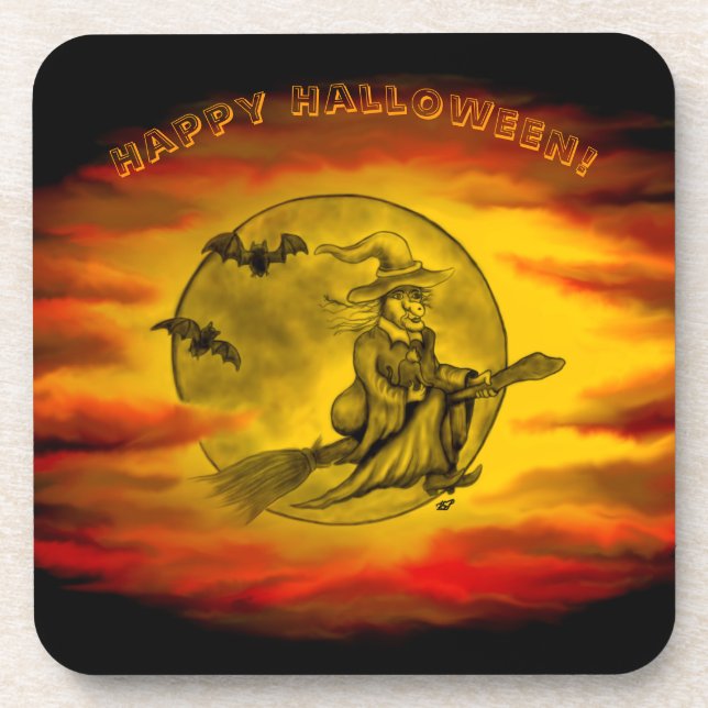 Flying witch with black cat , halloween night coaster (Front)