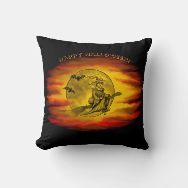 Flying witch with black cat , halloween night cushion (Front)
