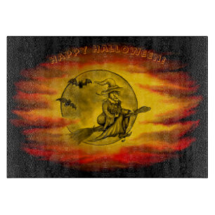 Flying witch with black cat , halloween night cutting board