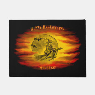 Flying witch with black cat , halloween night doormat