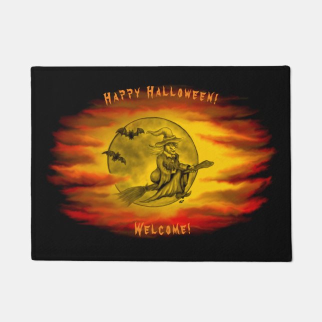 Flying witch with black cat , halloween night doormat (Front)