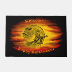 Flying witch with black cat , halloween night doormat