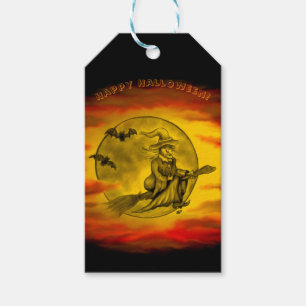 Flying witch with black cat , halloween night gift tags