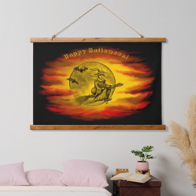 Flying witch with black cat , halloween night hanging tapestry (Bedroom)