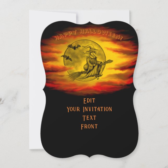 Flying witch with black cat , halloween night invitation (Front)