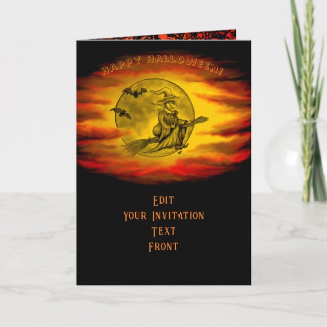 Flying witch with black cat , halloween night invitation (Front)