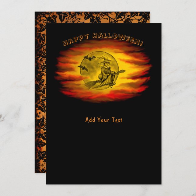 Flying witch with black cat , halloween night invitation (Front/Back)