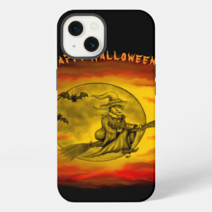 Flying witch with black cat , halloween night iPhone 13 case