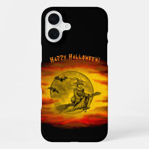 Flying witch with black cat , halloween night iPhone 16 plus case