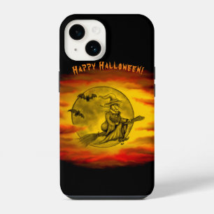 Flying witch with black cat , halloween night iPhone 14 case