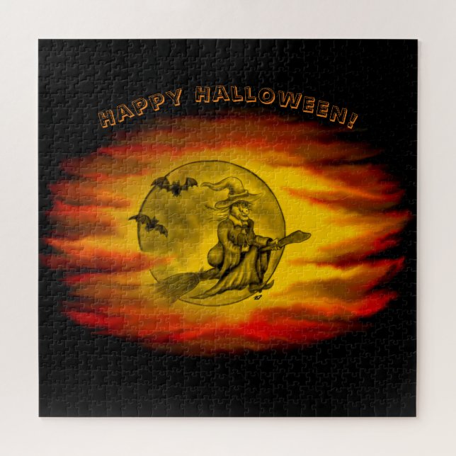 Flying witch with black cat , halloween night jigsaw puzzle (Horizontal)