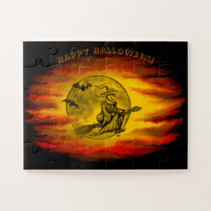 Flying witch with black cat , halloween night jigsaw puzzle