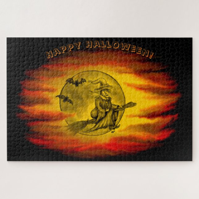 Flying witch with black cat , halloween night jigsaw puzzle (Horizontal)