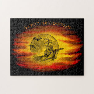 Flying witch with black cat , halloween night jigsaw puzzle