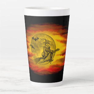 Flying witch with black cat , halloween night latte mug
