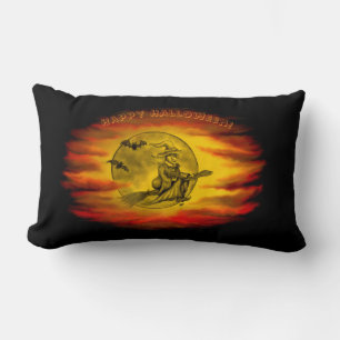 Flying witch with black cat , halloween night lumbar cushion