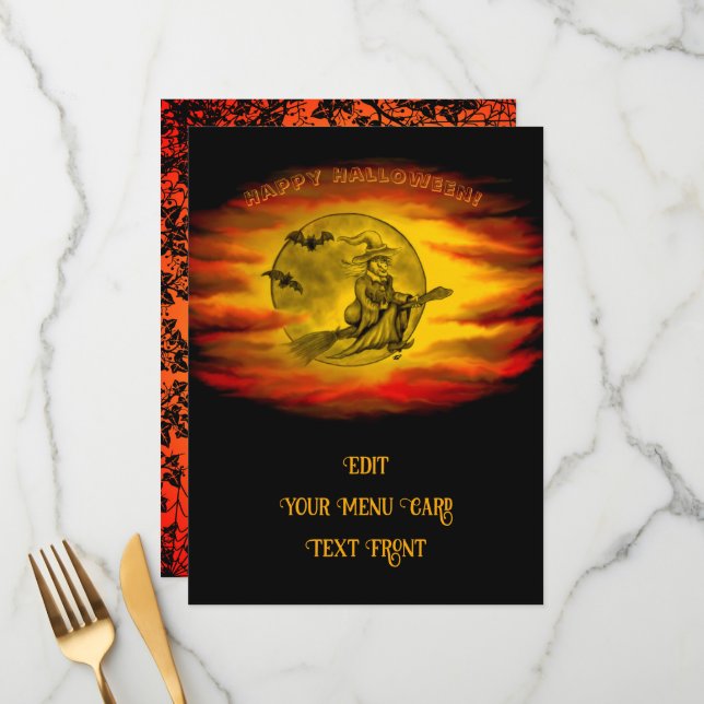 Flying witch with black cat , halloween night menu (Front/Back In Situ)