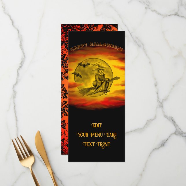 Flying witch with black cat , halloween night menu (Front/Back In Situ)
