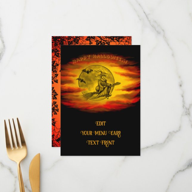 Flying witch with black cat , halloween night menu (Front/Back In Situ)