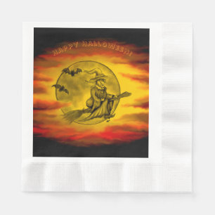 Flying witch with black cat , halloween night napkin