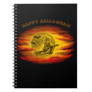 Flying witch with black cat , halloween night notebook