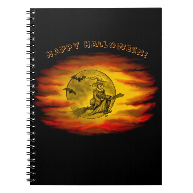 Flying witch with black cat , halloween night notebook (Front)
