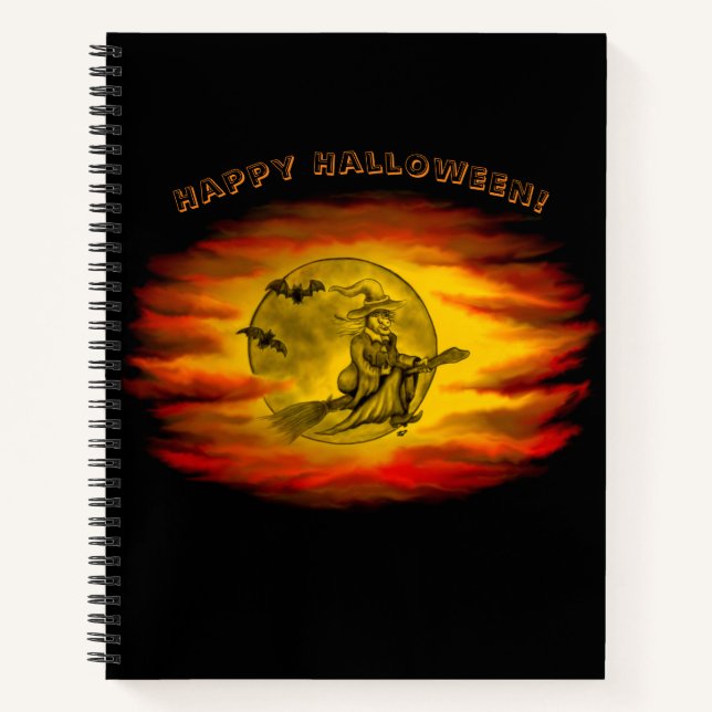 Flying witch with black cat , halloween night notebook (Front)