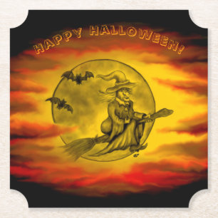 Flying witch with black cat , halloween night paper coaster