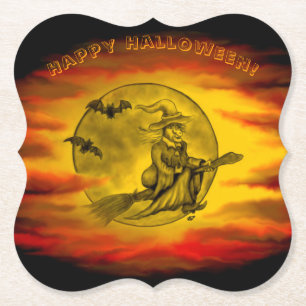 Flying witch with black cat , halloween night paper coaster