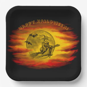 Flying witch with black cat , halloween night paper plate
