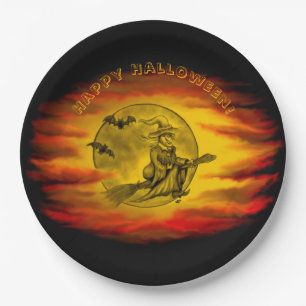 Flying witch with black cat , halloween night paper plate