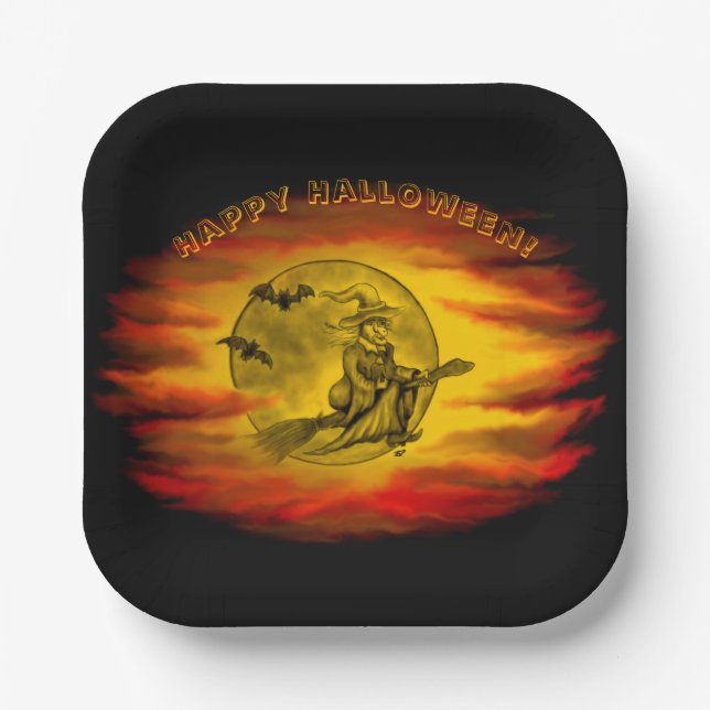 Flying witch with black cat , halloween night paper plate (Front)