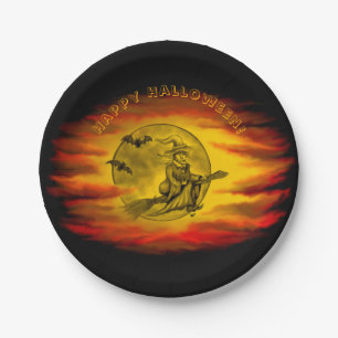 Flying witch with black cat , halloween night paper plate